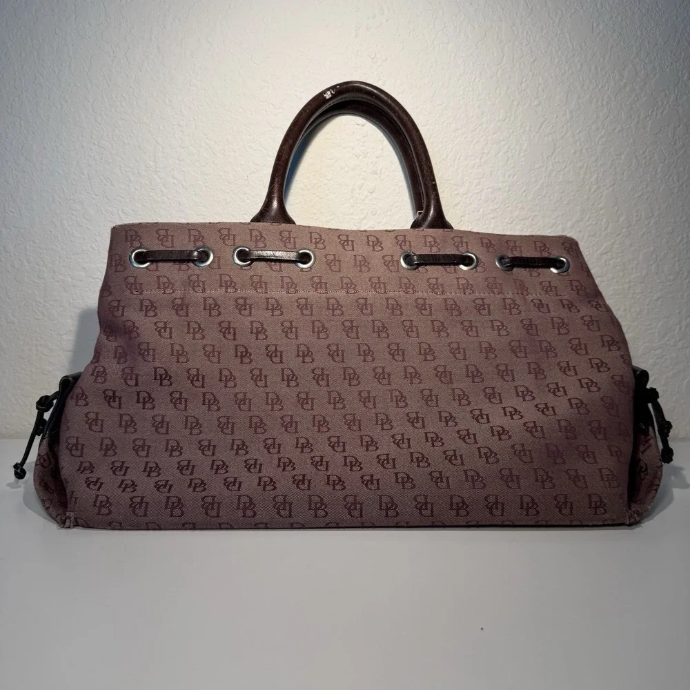 Dooney & Bourke Signature Canvas Satchel Logo Bag Double Leather Handles Tassels